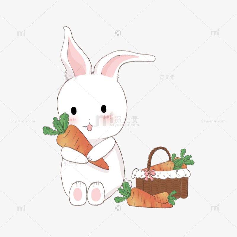 可爱兔子抱胡萝卜菜篮子手绘