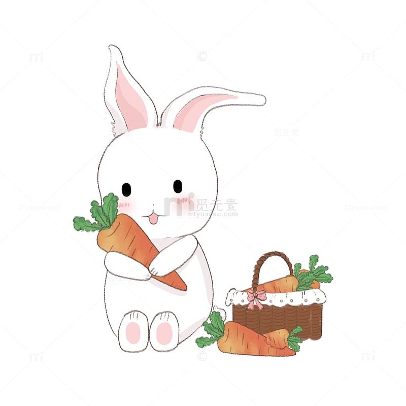可爱兔子抱胡萝卜菜篮子手绘