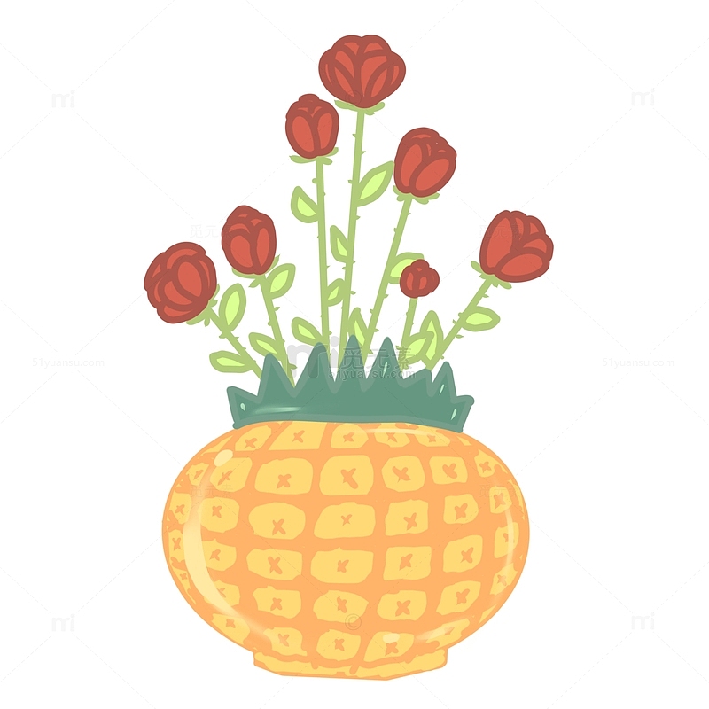 黄色夏季小清新可爱红色玫瑰花盆栽菠萝花瓶