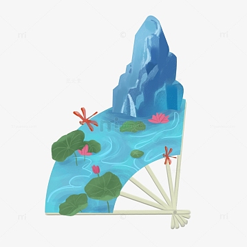 蓝绿色荷花荷叶山水河流小溪大暑元素