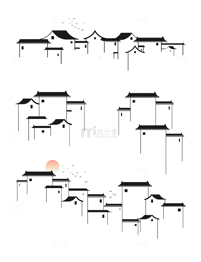 中国风传统水墨徽派建筑地标装饰插画