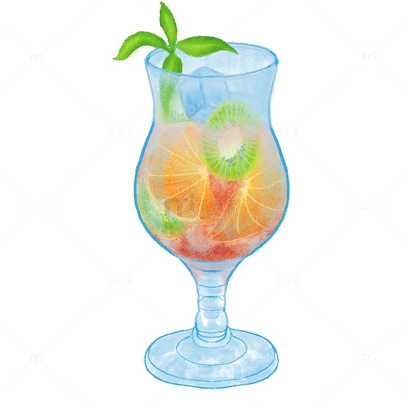 蓝色橙色清新薄荷猕猴桃玻璃杯冷饮大暑插画