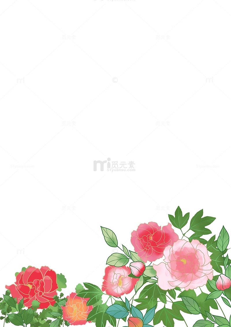 红粉色中国风国潮风牡丹花绿叶插画