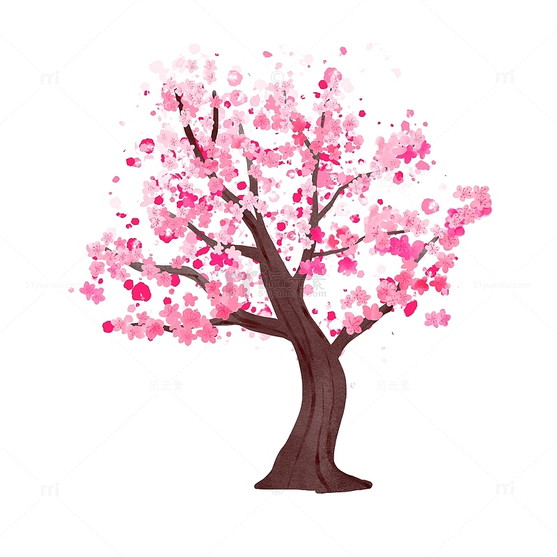 粉色水彩桃花树七夕元素