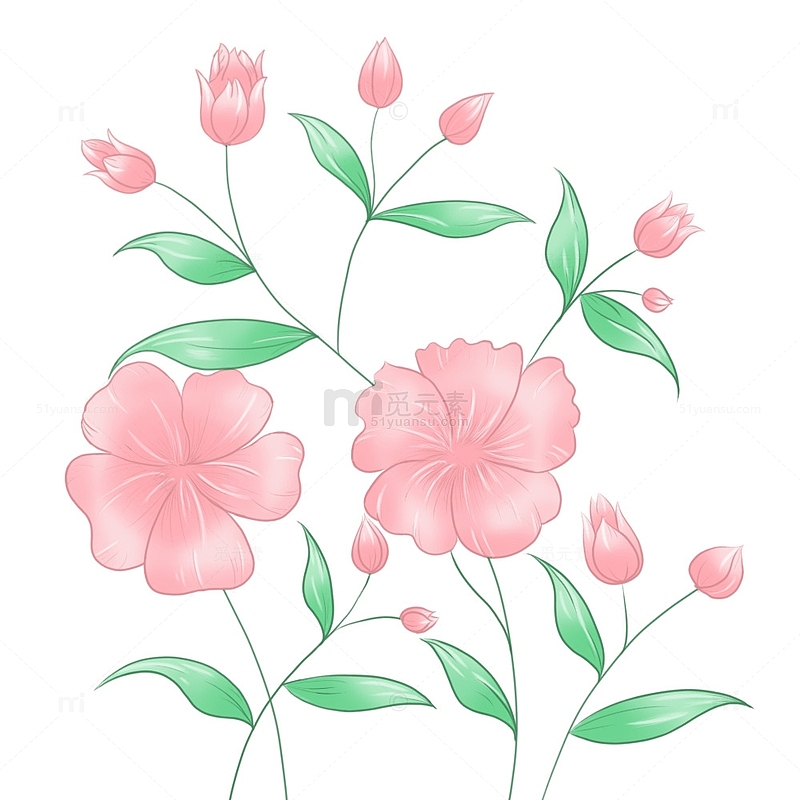 粉色小清新花朵绿叶手绘图