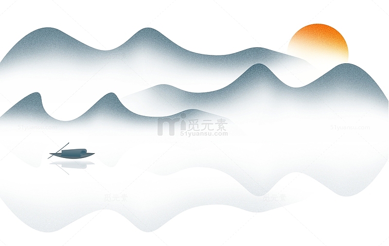 中国风水墨山水船手绘元素图