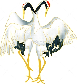 白色国潮风交颈仙鹤插画元素国潮仙鹤
