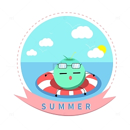 蓝色简约扁平大暑元素椰子游泳夏季插画元素