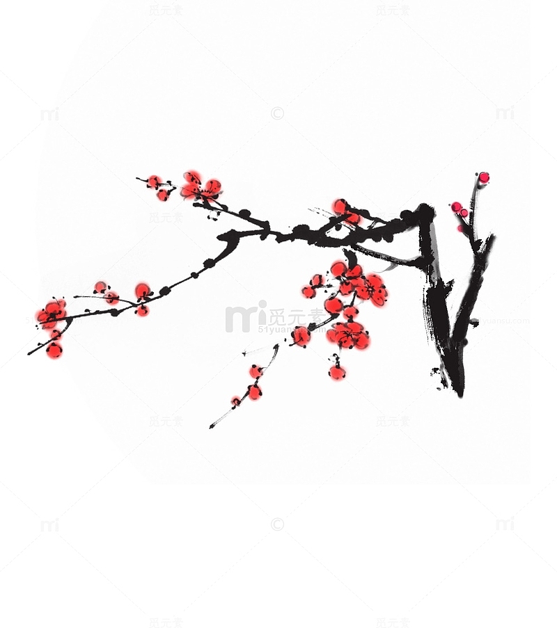 黑色红色梅花手绘中国风水墨画