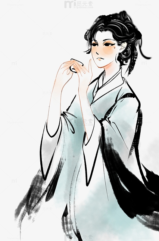 黑白古风女子饮茶水墨风手绘图