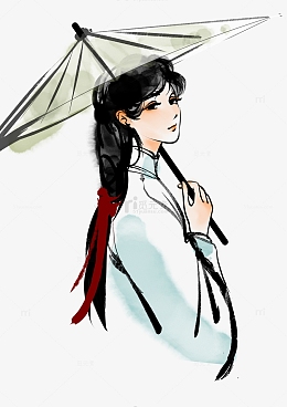 黑白古风油纸伞少女水墨风素材手绘图