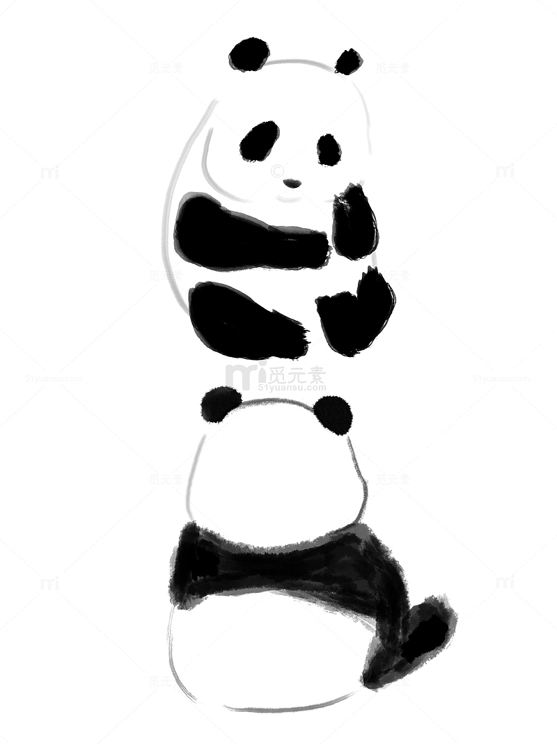 呆萌可爱水墨熊猫 水墨风素材 手绘图