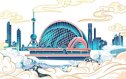 粉色现代建筑国潮手绘插画