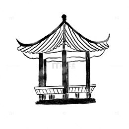黑白水墨风亭子古风山水画