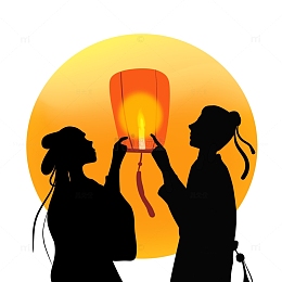 黑色国风七夕牛郎织女孔明灯手绘元素