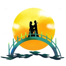 黑色剪影牛郎织女鹊桥相会七夕插画元素