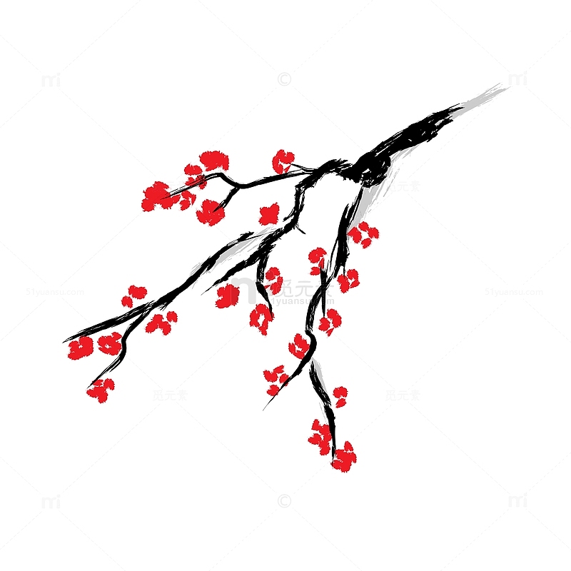 传统水墨画冬季红色梅花矢量元素