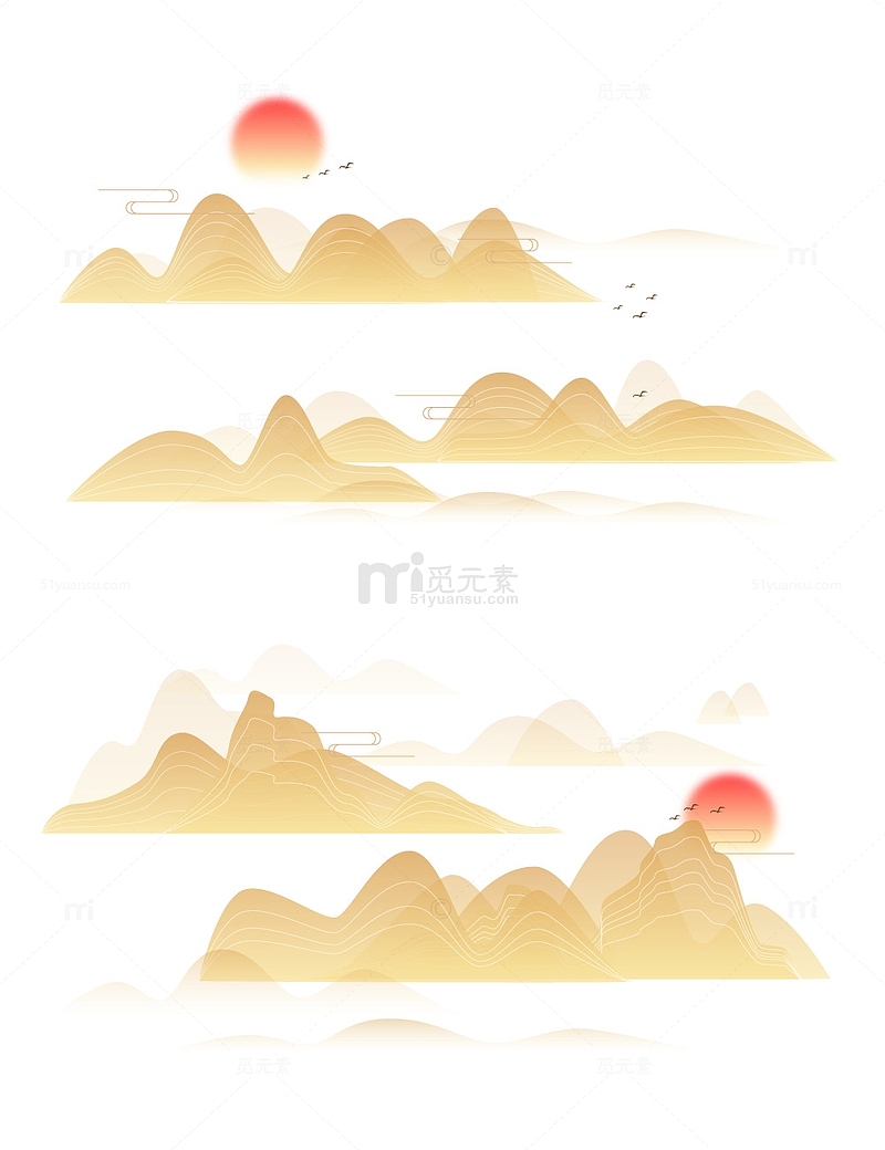 中国风国潮线条山脉夕阳装饰插画