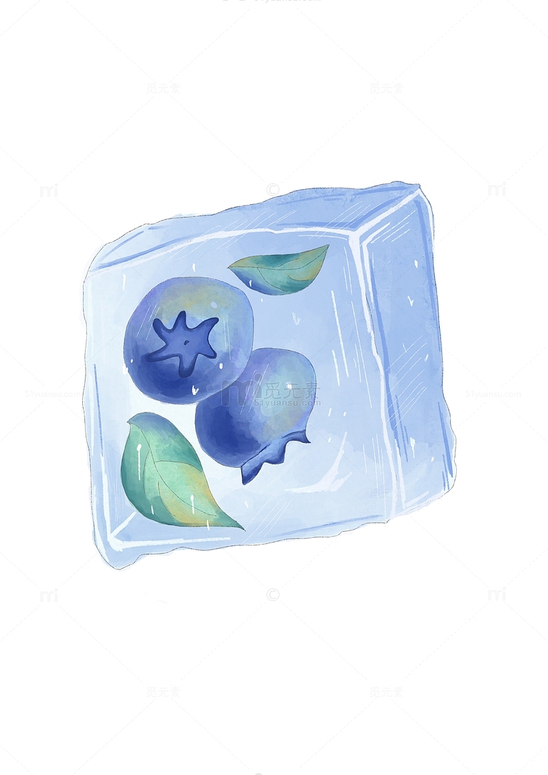 蓝色水彩风冰块蓝莓手绘图