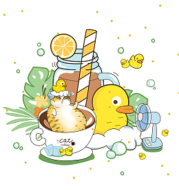 小清新夏天大暑吹风扇洗澡饮品插画