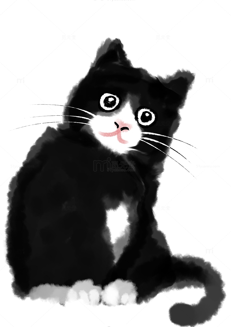 黑白猫咪水墨画水墨风 手绘素材