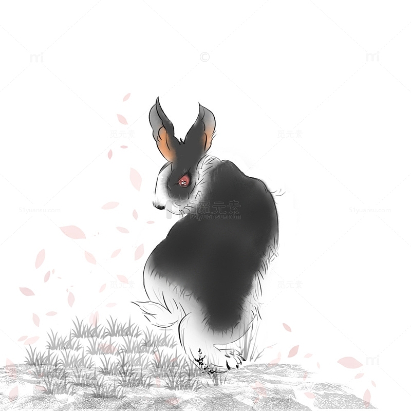 黑白手绘兔子水墨画元素