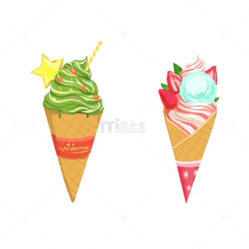 油画抹茶草莓冰淇淋甜筒大暑手绘插画元素