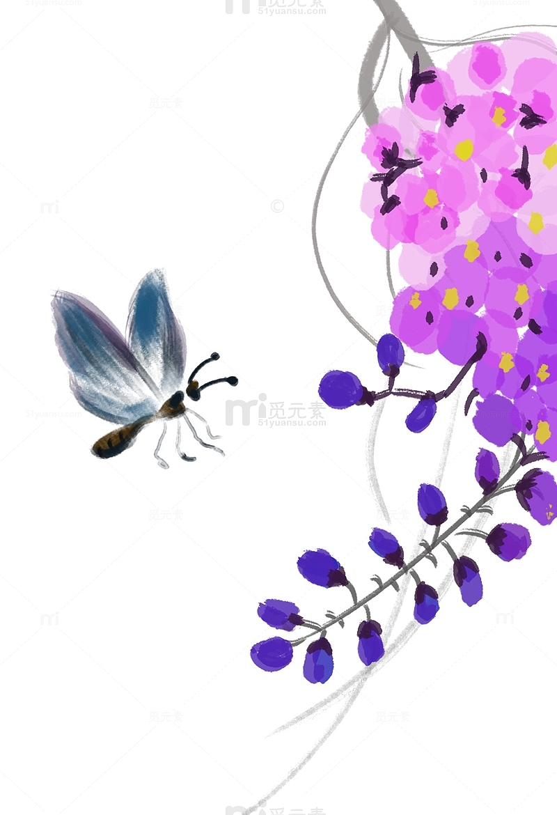 蓝紫色花蝴蝶水墨手绘