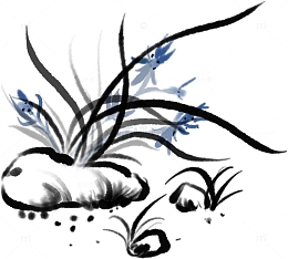 黑色水墨画蓝色兰花花草手绘国画