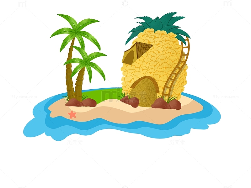 黄色海上沙滩菠萝小屋