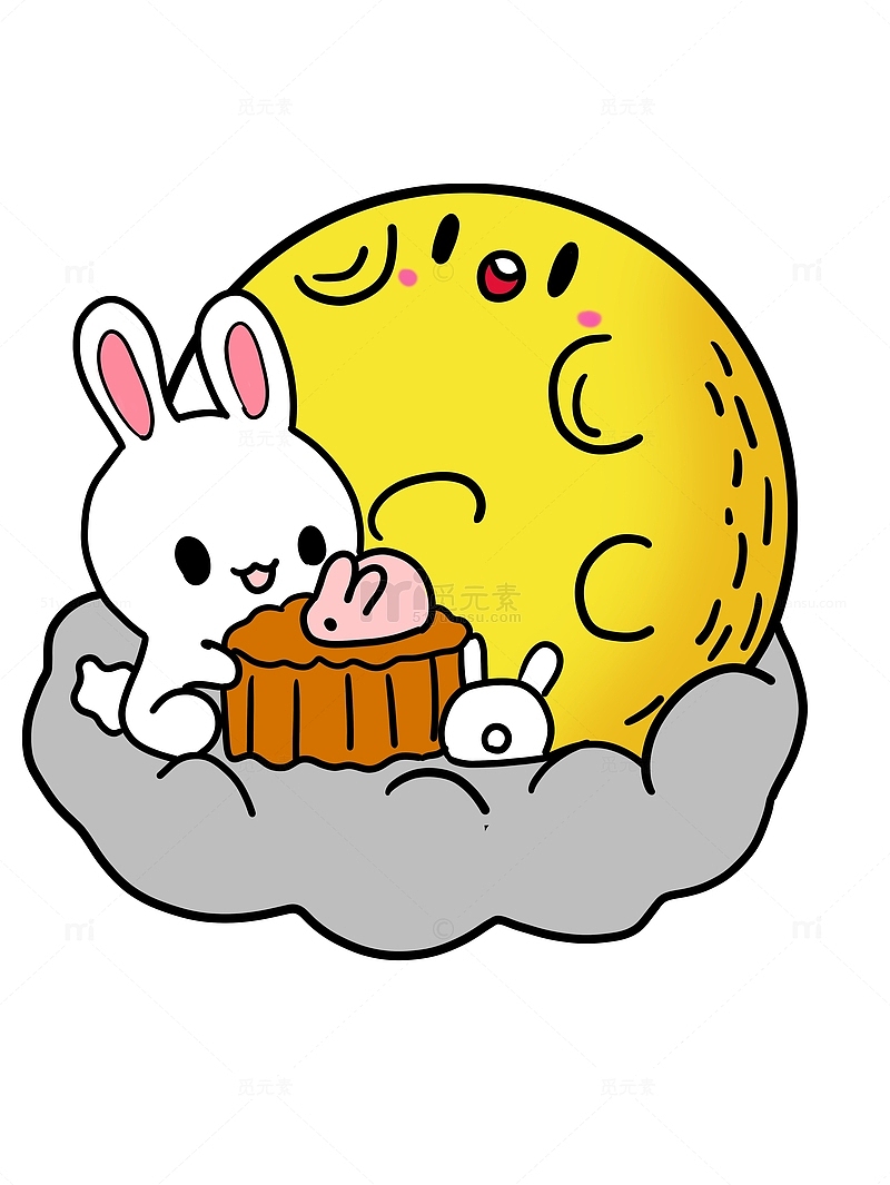 白色 扁平风插画 月亮兔子 中秋 元素