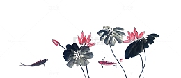 水墨国画荷塘荷花悠闲鲤鱼