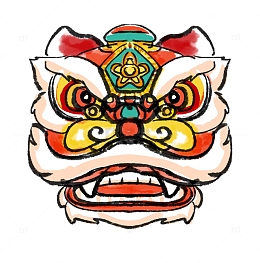 红色水墨风国潮舞狮狮头手绘图