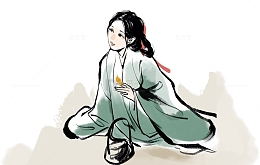 绿色水墨风水墨少女手绘图