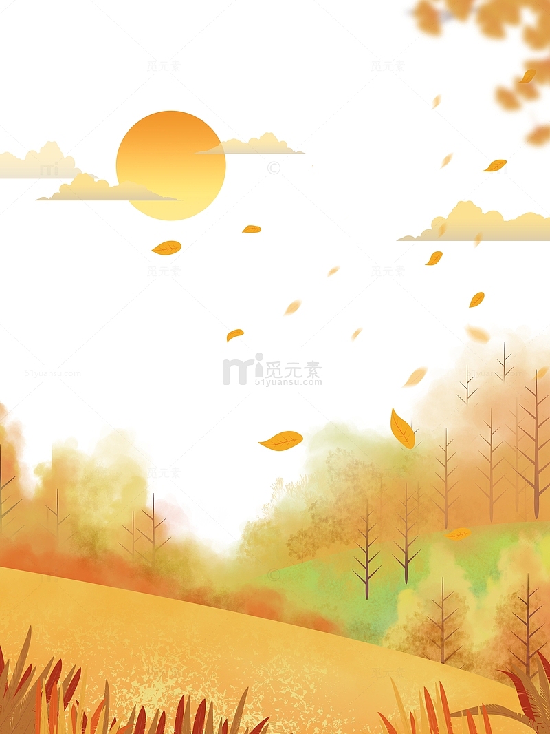 秋季立秋气节手绘卡通树林风景素材