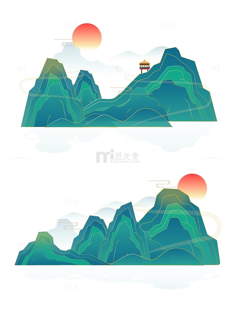 中国风国潮祥云线条山脉夕阳装饰插画