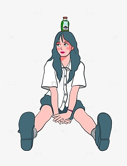 蓝色 扁平风插画 小女孩 坐地上 元素