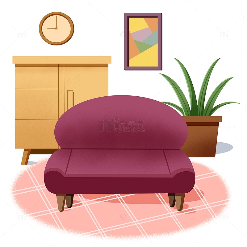 暖色调客厅家具家居沙发柜子手绘图