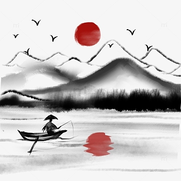 中国风水墨山水垂钓手绘元素