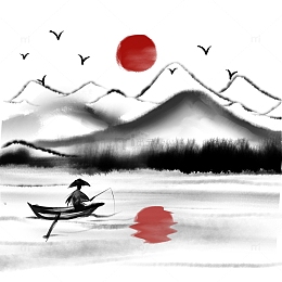 中国风水墨山水垂钓手绘元素