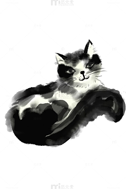 黑白水墨风猫咪手绘元素