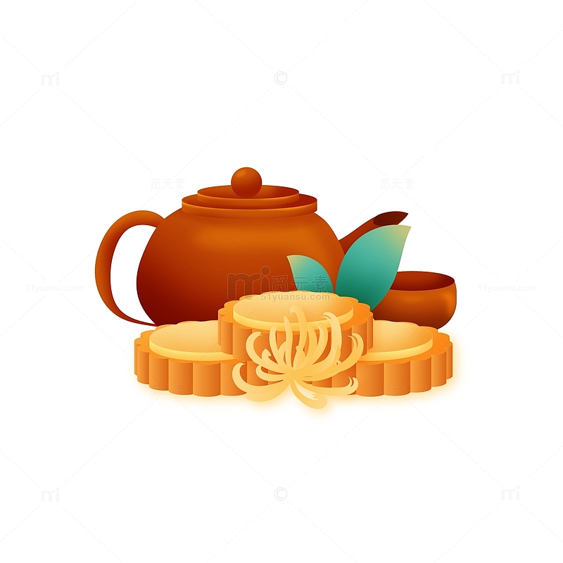 矢量手绘中秋节月饼茶壶茶杯装饰元素