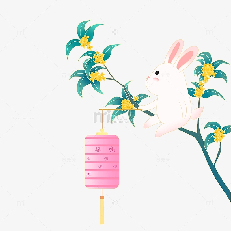 中秋节月兔和灯笼望月插画元素