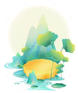 中秋赏月吃月饼国风山水手绘图