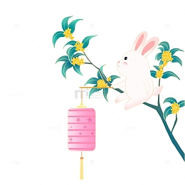 中秋节月兔和灯笼望月插画元素