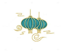 绿色国潮金边中秋灯笼祥云装饰手绘插画元素