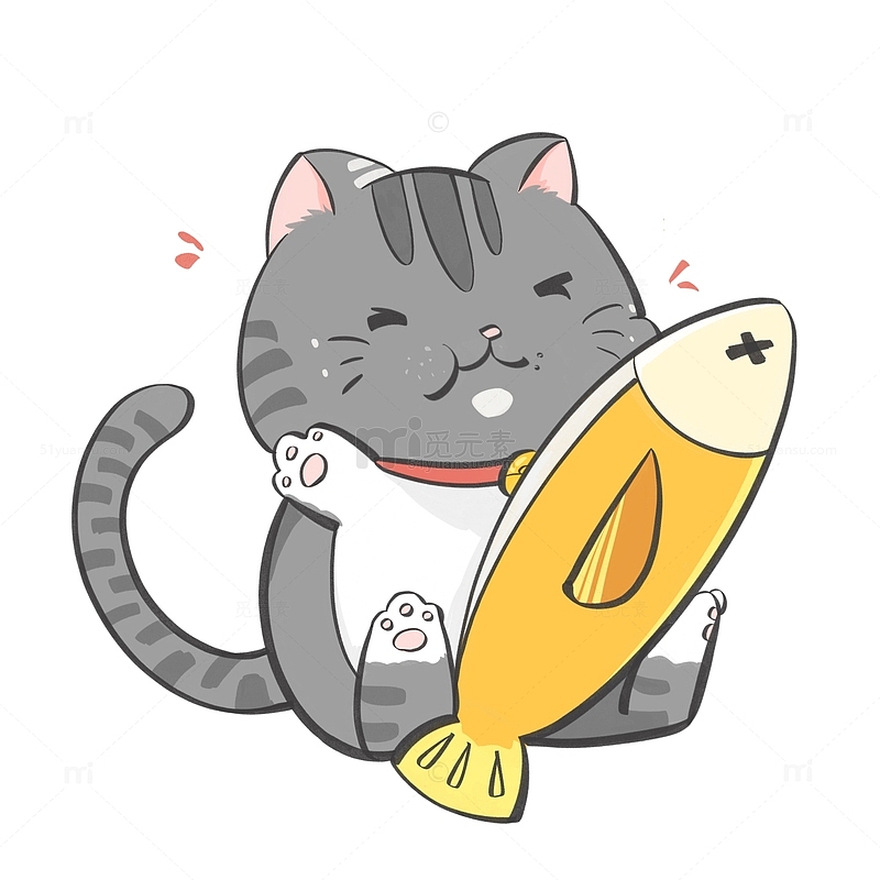 灰色猫咪吃鱼美味开心手绘装饰