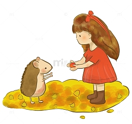 秋天落叶果实小女孩刺猬小场景手绘插画
