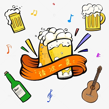 孟菲斯夏日啤酒音符庆祝手绘装饰