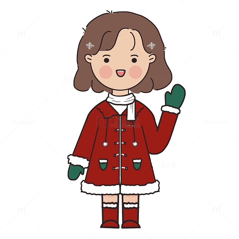 冬日雪花圣诞节红裙女孩手绘头像手账贴纸